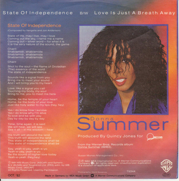 Donna Summer : State Of Independence (7", Single)