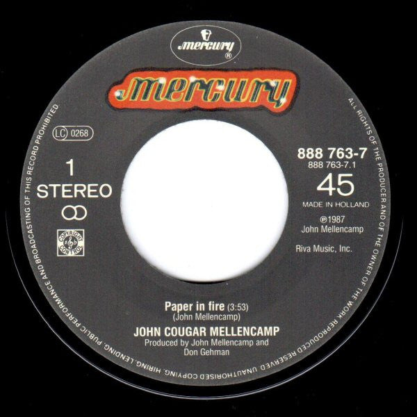 John Cougar Mellencamp : Paper In Fire (7", Single)
