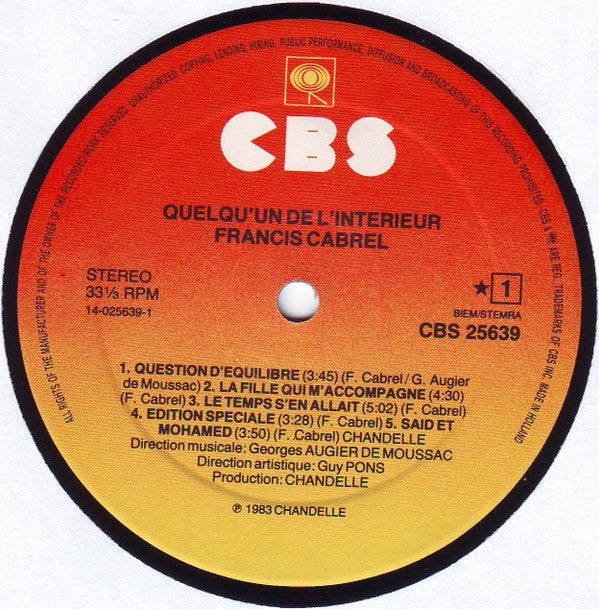 Francis Cabrel : Quelqu'un De L'intérieur (LP, Album)