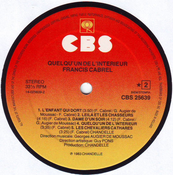 Francis Cabrel : Quelqu'un De L'intérieur (LP, Album)