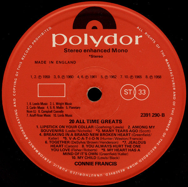 Connie Francis : 20 All Time Greats (LP, Album, Comp, RM)