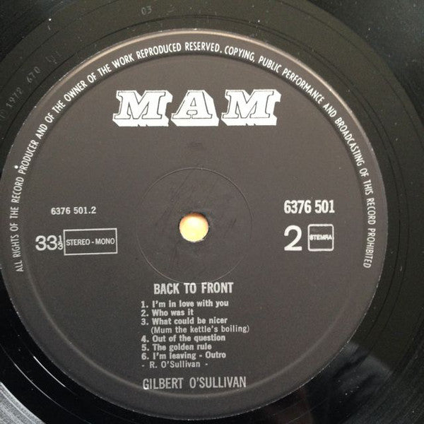 Gilbert O'Sullivan : Back To Front (LP, Album)