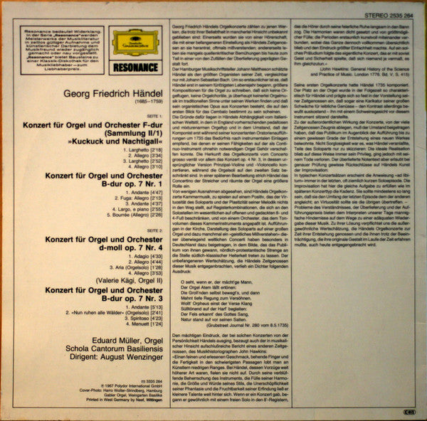 Händel* - Eduard Müller - August Wenzinger : Orgelkonzerte - "Kuckuck Und Nachtigall" U.A. (LP, RE)
