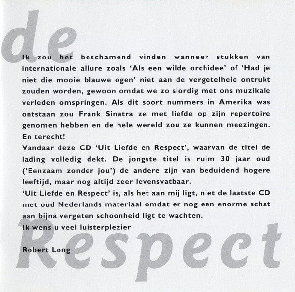 Robert Long : Uit Liefde En Respect (CD, Album)