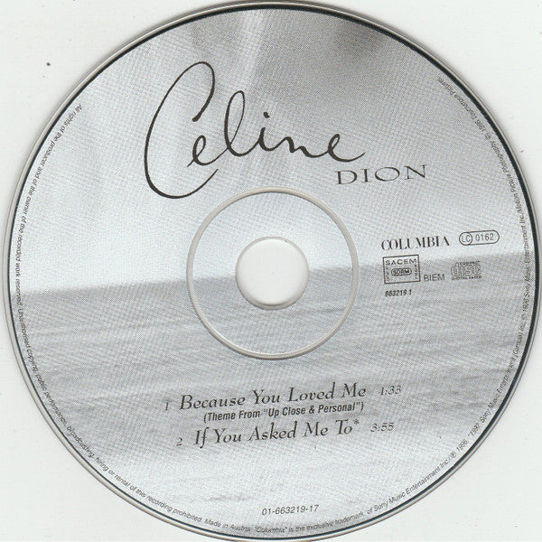 Céline Dion : Because You Loved Me (Theme From "Up Close & Personal") (CD, Single, Car)