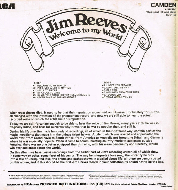 Jim Reeves : Welcome To My World (LP, Comp)