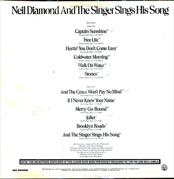 Neil Diamond : And The Singer Sings His Song (LP, Comp)