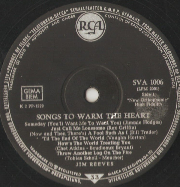 Jim Reeves : Songs To Warm The Heart (LP, Album)