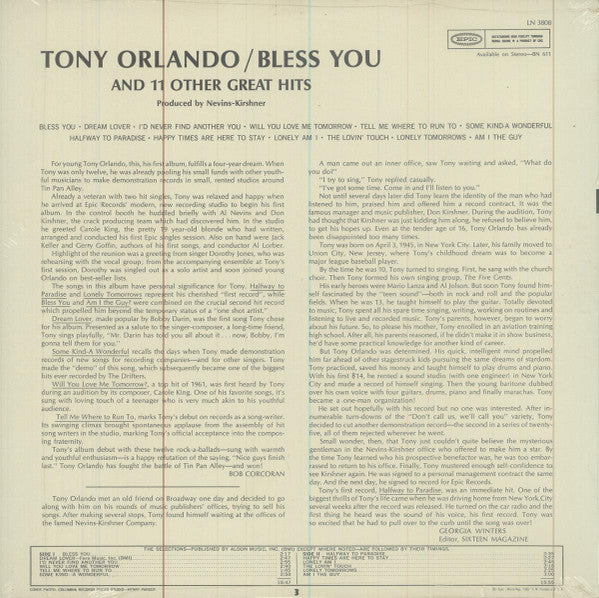 Tony Orlando : Bless You And 11 Other Great Hits (LP, Album, Mono)