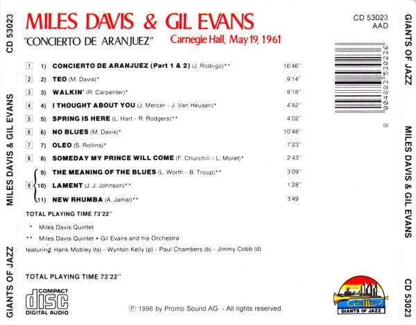 Miles Davis & Gil Evans / Hank Mobley, Wynton Kelly, Paul Chambers (3), Jimmy Cobb & Gil Evans Orchestra* : Carnegie Hall, May 19, 1961 Miles Davis & Gil Evans "Concierto De Aranjuez"  (CD, Comp, RE)