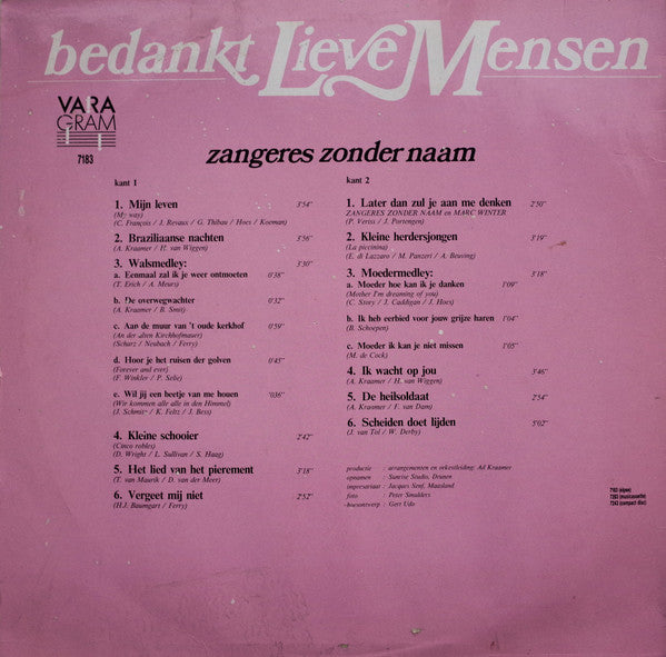 Zangeres Zonder Naam : Bedankt Lieve Mensen (LP, Comp)