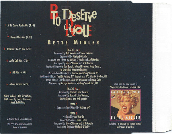 Bette Midler : To Deserve You (CD, Single)