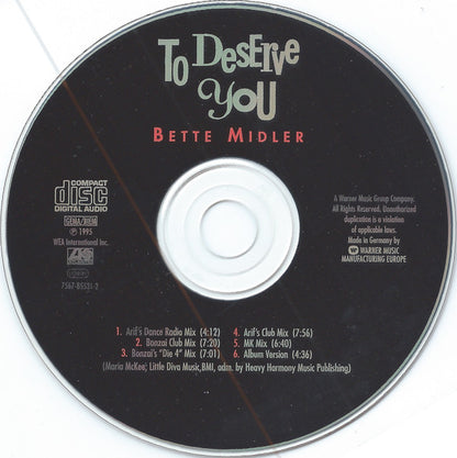 Bette Midler : To Deserve You (CD, Single)