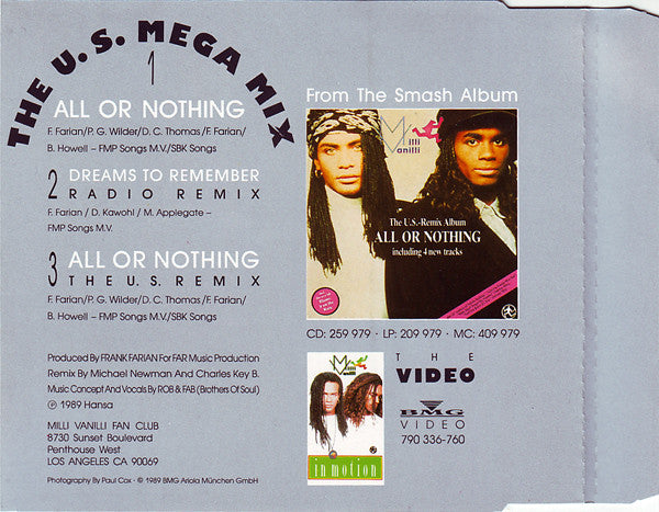 Milli Vanilli : All Or Nothing (The U.S. Mega Mix) (CD, Maxi)