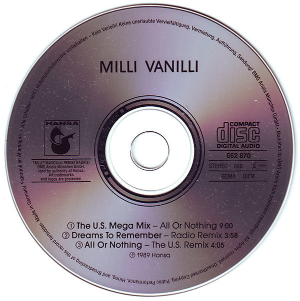 Milli Vanilli : All Or Nothing (The U.S. Mega Mix) (CD, Maxi)