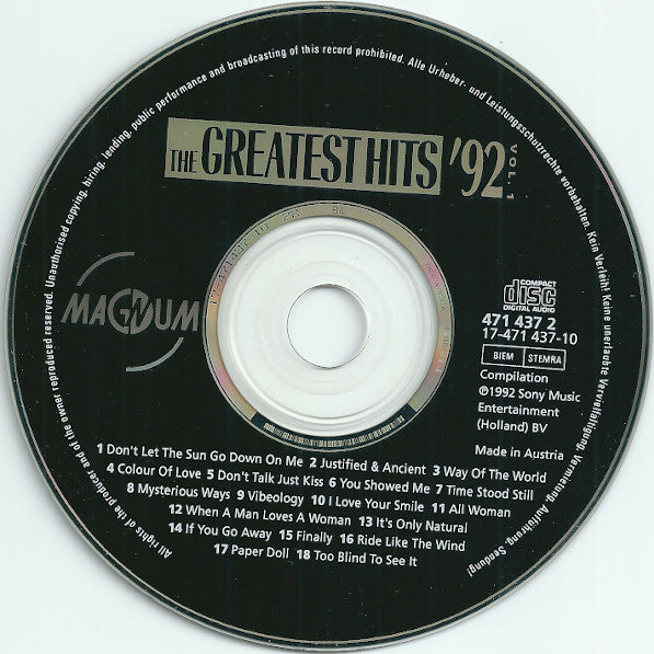 Various : The Greatest Hits '92 - Vol. 1 (CD, Comp)