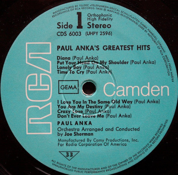 Paul Anka : Paul Anka's Greatest Hits (LP, Comp)