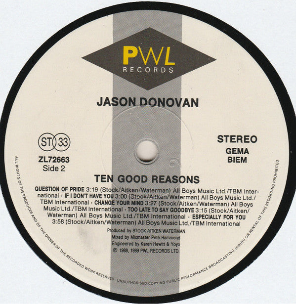 Jason Donovan : Ten Good Reasons (LP, Album)